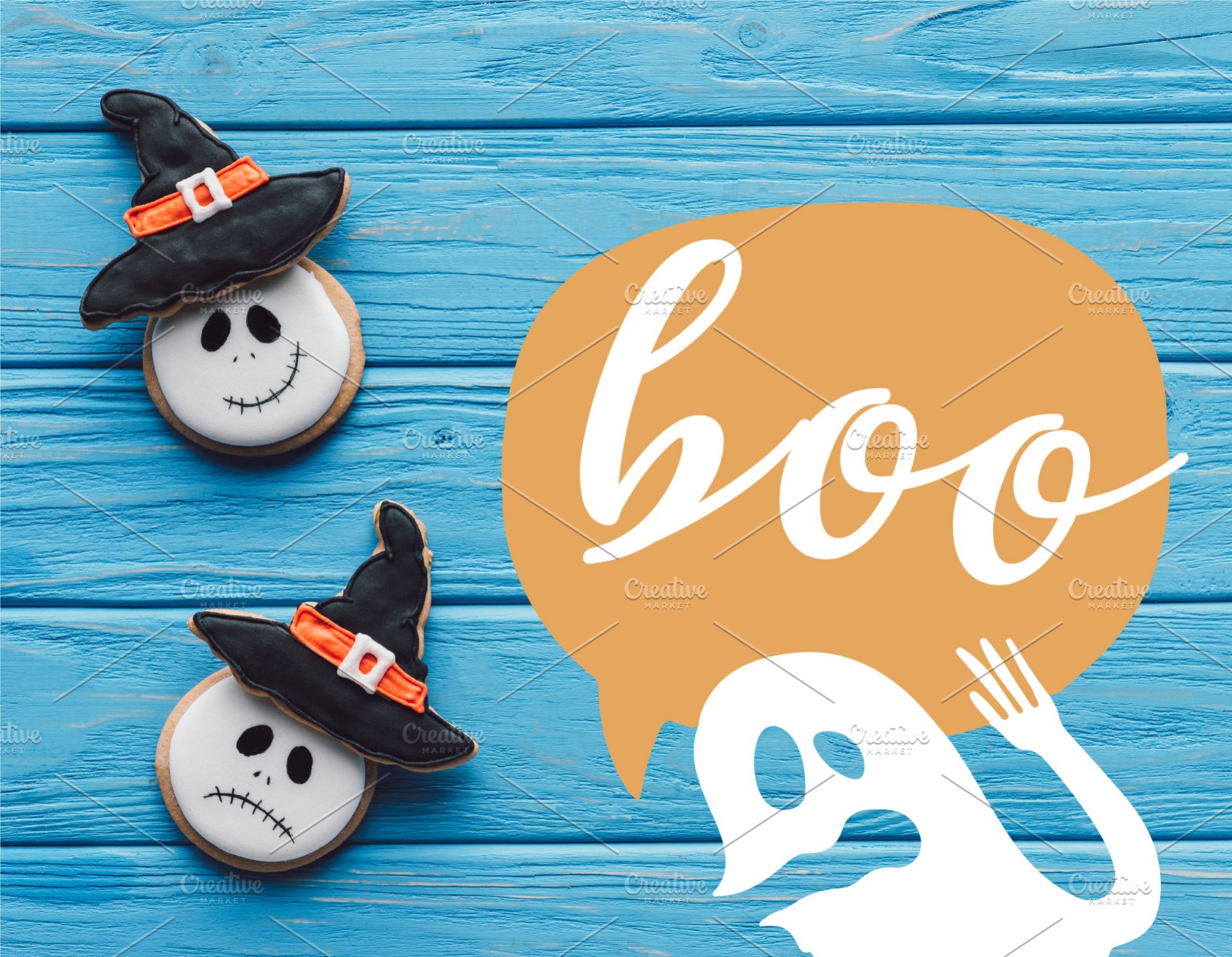 Delicious Homemade Halloween Cookies on Wooden Background with Ghost and Boo Lettering Web3Canvas
