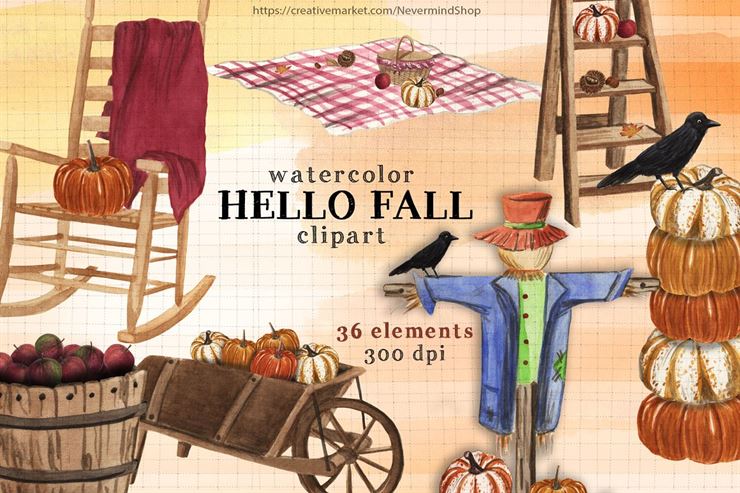 Hello Fall Watercolor Clipart Kit Web3Canvas
